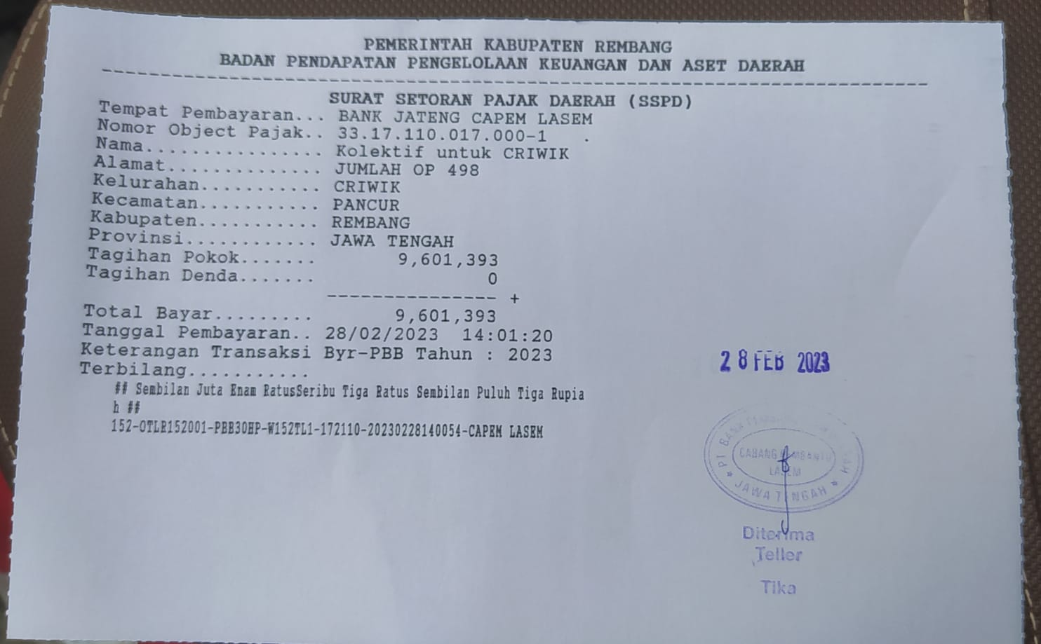 DESA CRIWIK TERCEPAT LUNASI  PBB P-2 TINGKAT KABUPATEN